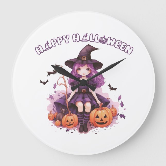 Glad Halloween Lila Häxa Pumpa & Fladdermöss Stor Klocka (Framsida)