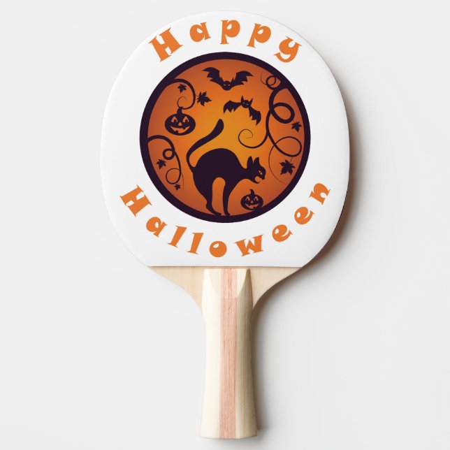 Glad Halloween-lykta svart katt spindlar och fladd Pingisracket (Framsidan)