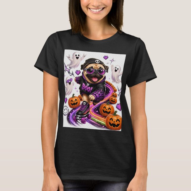 Glad Halloween Mops på rullskridskor T Shirt (Framsida)