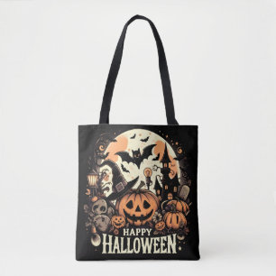 Glad Halloween-natt med pumpa och spökhus Tygkasse