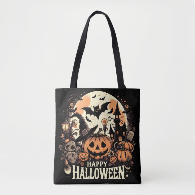 Glad Halloween-natt med pumpa och spökhus Tygkasse (Framsida)
