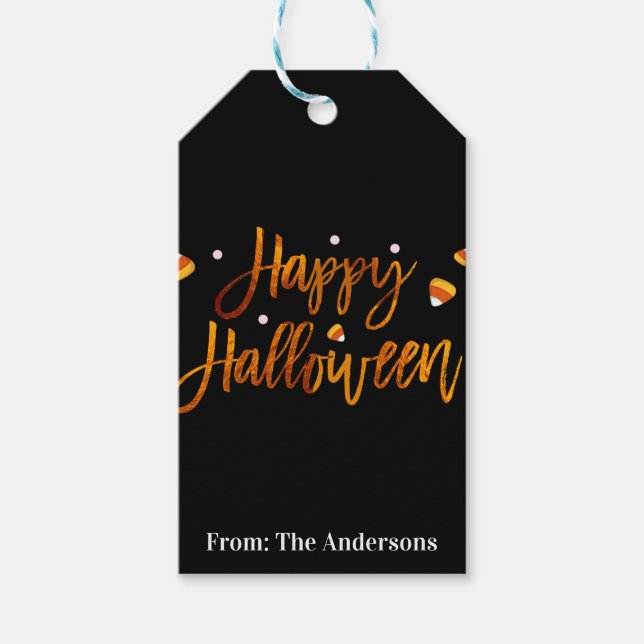Glad Halloween Orange Folie Modern Script Trendig Presentetikett (Framsidan)