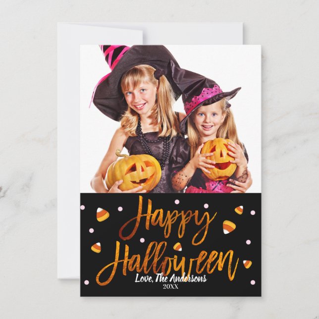 Glad Halloween Orange folie Modernt manus Foto Kort (Framsida)