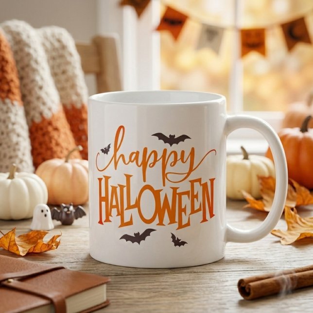 Glad Halloween Orange Skrift med Svarta Fladdermös Kaffemugg (Happy Halloween Orange Script with Black Bats Coffee Mug)