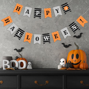 Glad Halloween Orange Svart och Grå Mönstrad Vimplar