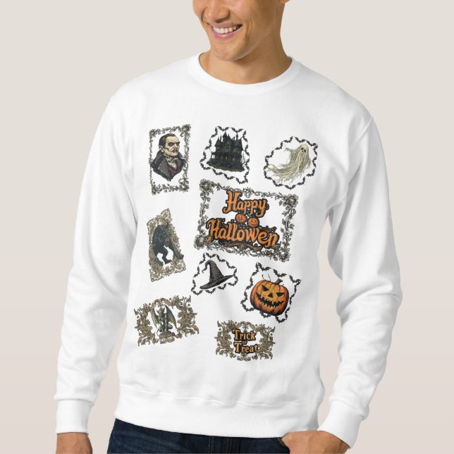 Glad Halloween på en Vit Lång Ärmad Tröja (Framsida)