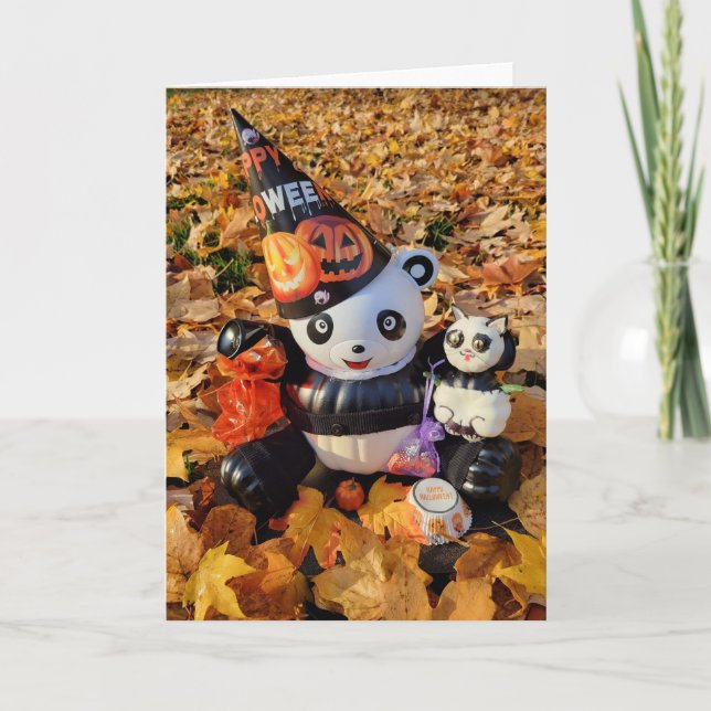 Glad Halloween Panda och Kittel Treating eller Bus Helgkort (Framsida)