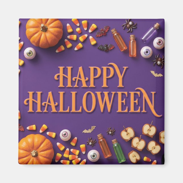 Glad Halloween Platt Utläggning Hälsning på Lila  Magnet (Framsidan)