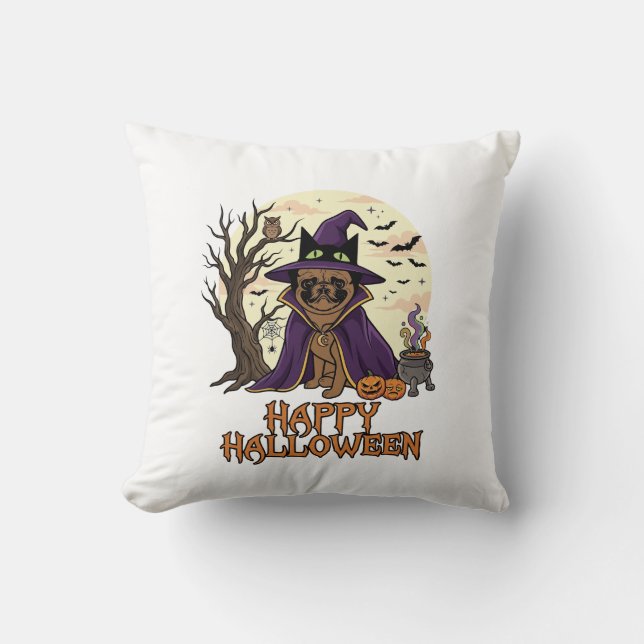 Glad Halloween Pug Häxa Hatt Kittel Pumpa_1 Kudde (Framsida)