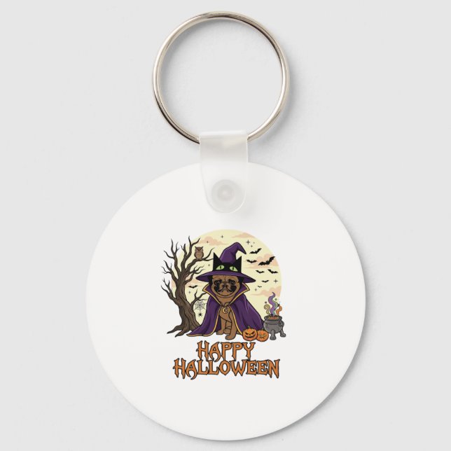 Glad Halloween Pug Häxhatt Kittel Pumpa_1 Nyckelring (Framsida)