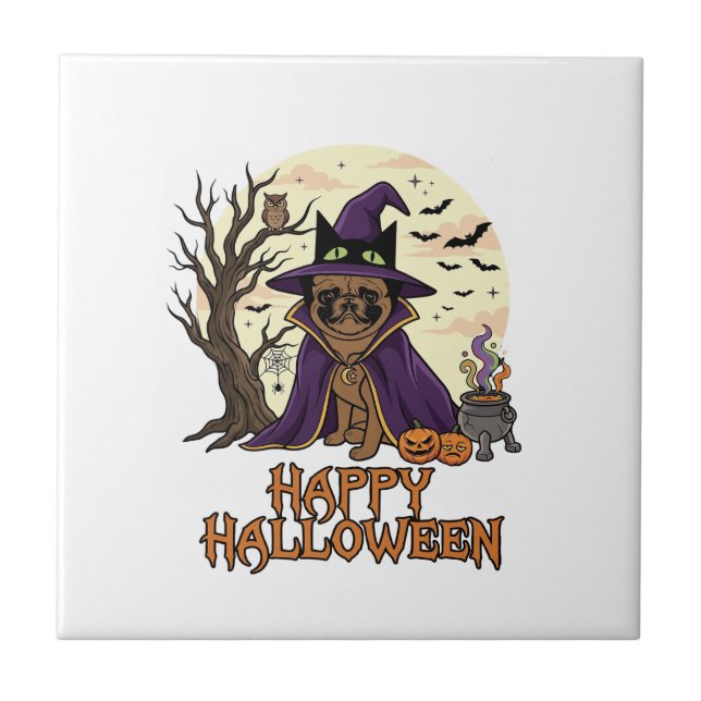 Glad Halloween Pug Hekathatt Kittel Pumpa_1 Kakelplatta (Framsidan)