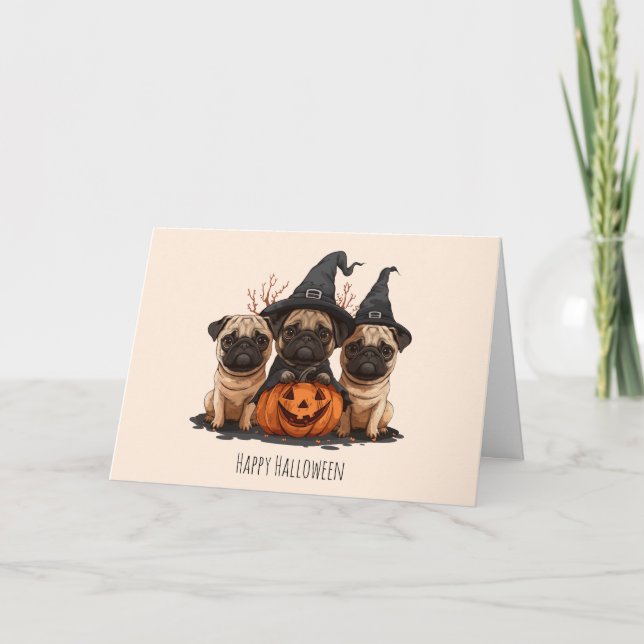 Glad Halloween Pugs Jack O Lanterns Helgkort (Framsida)