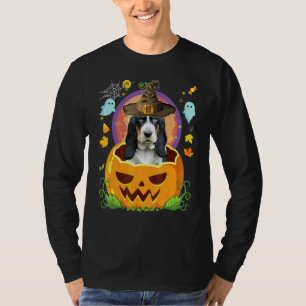Glad Halloween Pumpa Basset Hound Hund Häxa Klipp T Shirt