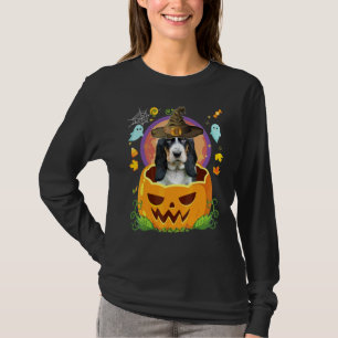 Glad Halloween Pumpa Basset Hound Hund Häxa Klipp T Shirt