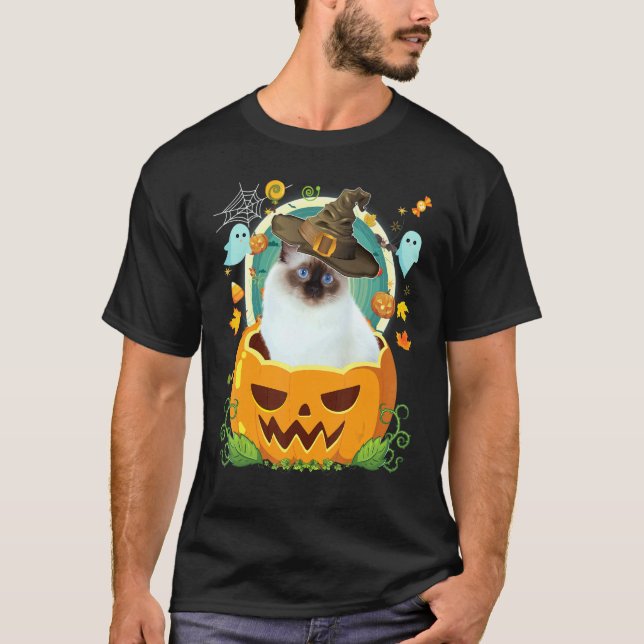 Glad Halloween Pumpa Birman Katt Häxa Söt Hatt T Shirt (Framsida)