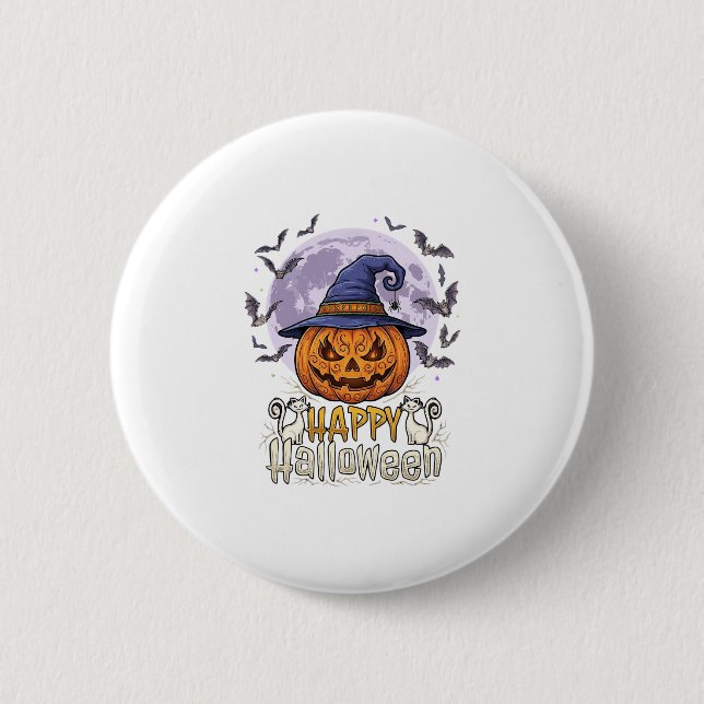 Glad Halloween Pumpa Häxa Hatt Fladdermöss Fullmån Knapp (Framsida)