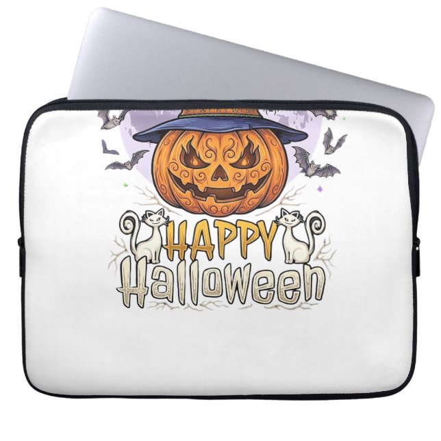 Glad Halloween Pumpa Häxa Hatt Fladdermöss Fullmån Laptop Fodral (Framsidan)