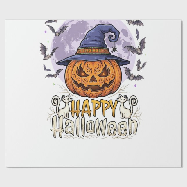 Glad Halloween Pumpa Häxa Hatt Fladdermöss Fullmån Presentpapper (Platt)