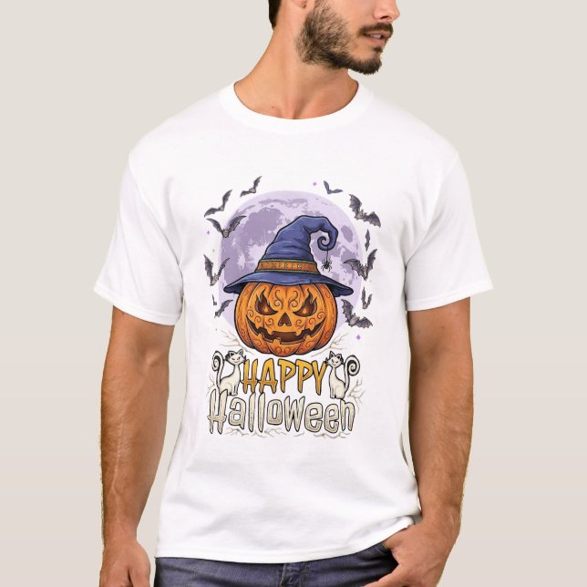 Glad Halloween Pumpa Häxa Hatt Fladdermöss Fullmån T Shirt (Framsida)