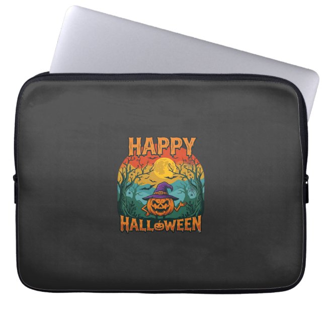 Glad Halloween Pumpa Häxa Hatt Fullmåne Fladdermös Laptop Fodral (Framsidan)