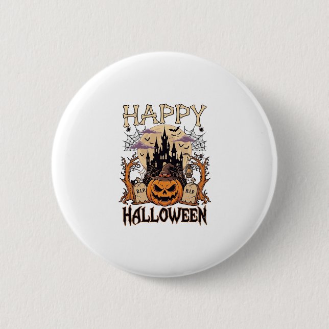Glad Halloween Pumpa Häxa Hatt Spökad Slott M Knapp (Framsida)