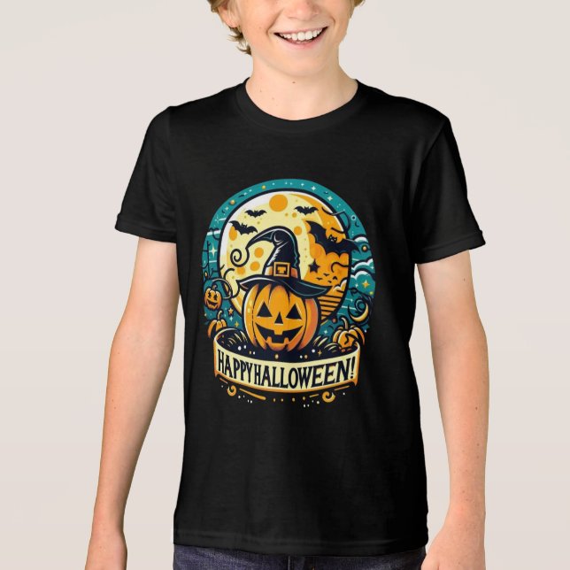Glad Halloween Pumpa i Häxa Hatt Fullmåne T Shirt (Framsida)