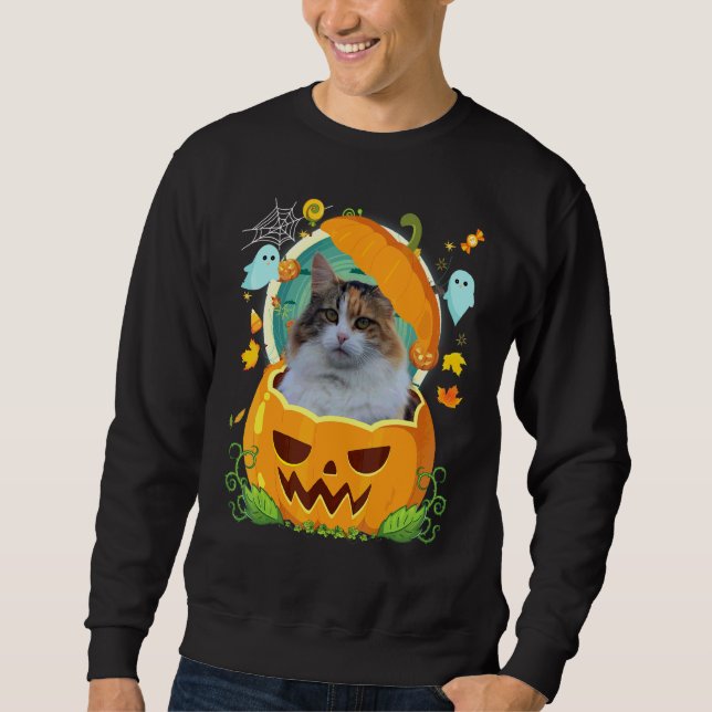 Glad Halloween Pumpa Manx Katt Häxa Söt Hatt H Lång Ärmad Tröja (Framsida)