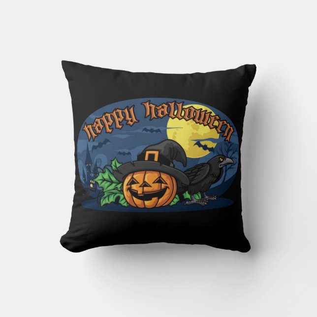Glad Halloween Pumpa Och Kråka Kudde (Framsida)