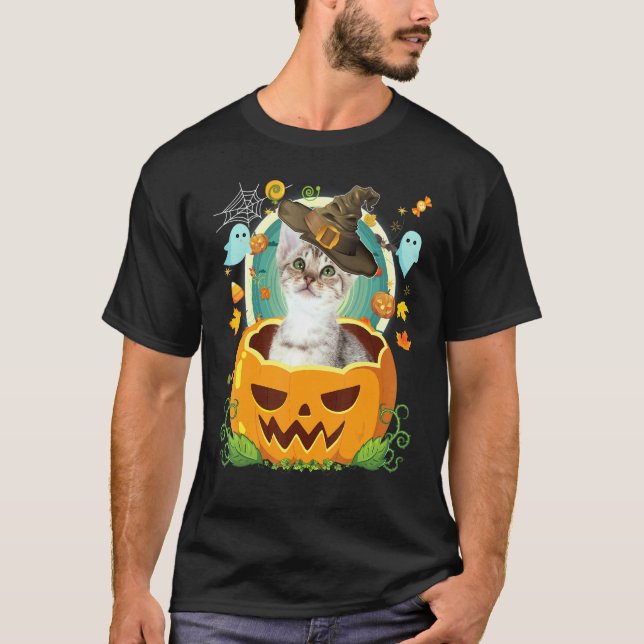 Glad Halloween Pumpa Ocicat Katt Häxa Söt Hatt T Shirt (Framsida)