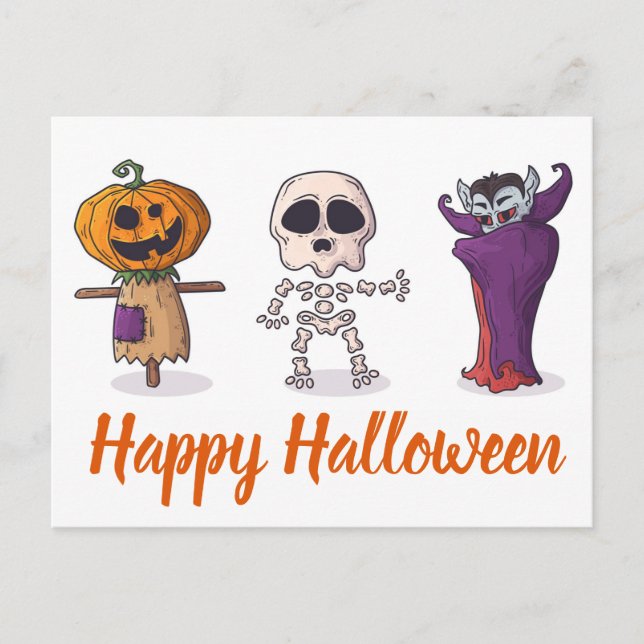 Glad Halloween Pumpa, Skelett och Dracula Vykort (Framsida)