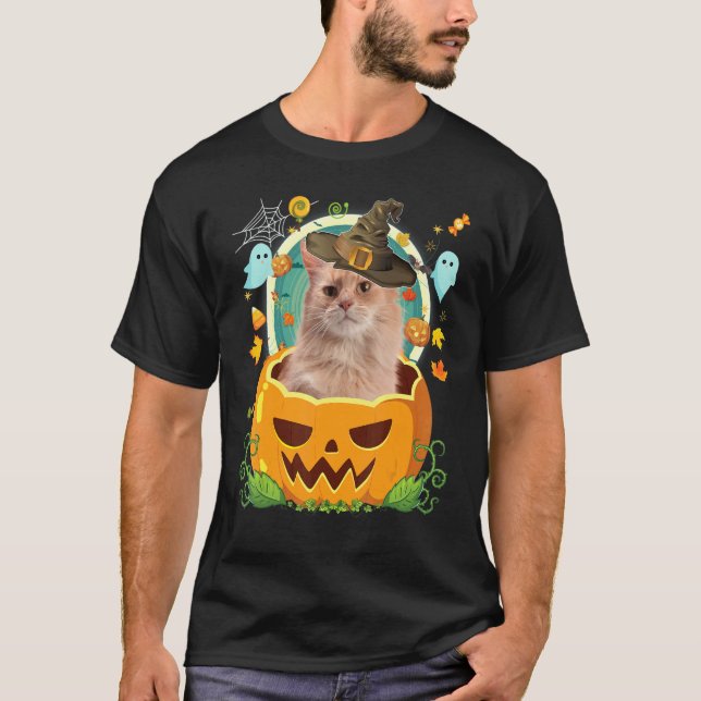 Glad Halloween Pumpa Somalisk Katt Häxa Söt Hatt T Shirt (Framsida)