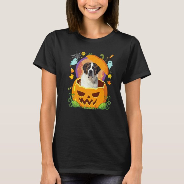 Glad Halloween Pumpa St Bernard Hund Häxa Söt  T Shirt (Framsida)
