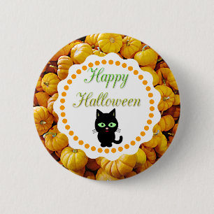 Glad Halloween Pumpa Svart Katt Knapp
