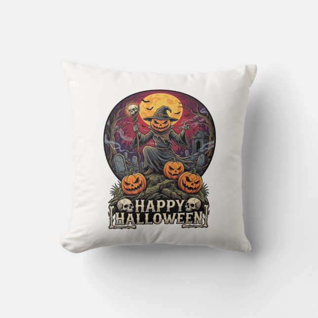 Glad Halloween Pumpa Trollkarl Kyrkogård Fullmåne Kudde (Framsida)