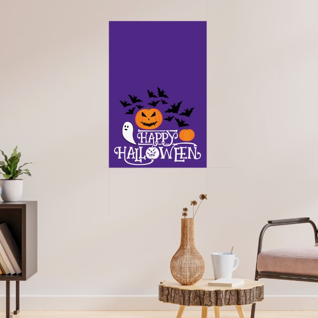 Glad Halloween pumpor spöken fladdermöss lila text Poster (Vardagsrum 3)