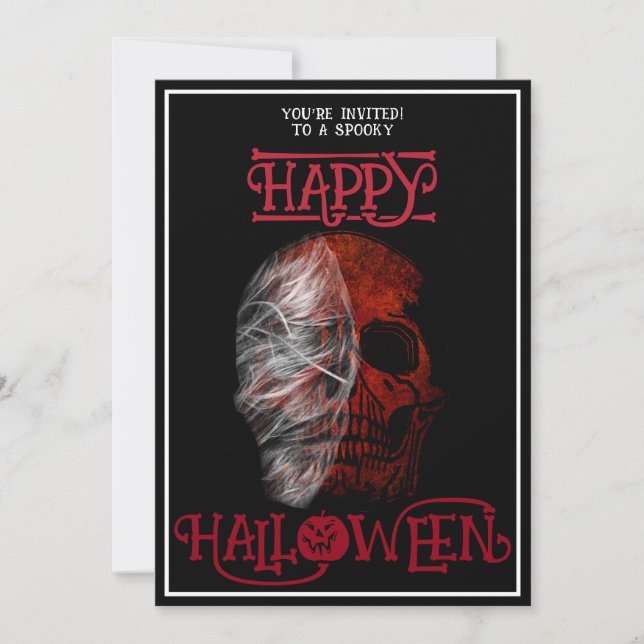 Glad Halloween Röd Skalle Svart Vit Inbjudningar (Framsida)