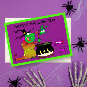 Glad Halloween Rolig Häxa Och Lila Katt Kort