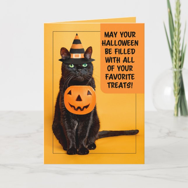 Glad Halloween Rolig Svart Katt i Häxhatt Helgkort (Framsida)