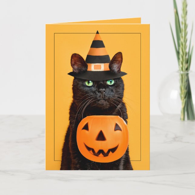 Glad Halloween Rolig Svart Katt i Häxhatt Helgkort (Framsida)