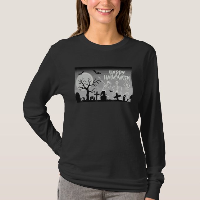 Glad Halloween skelett dansar i månljust grav T Shirt (Framsida)
