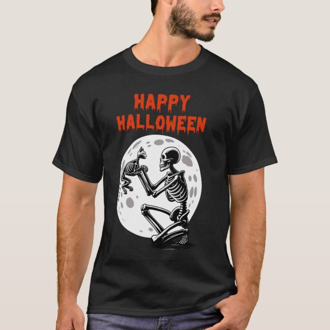Glad Halloween Skelett Katt Fullmåne Söt T Shirt (Framsida)
