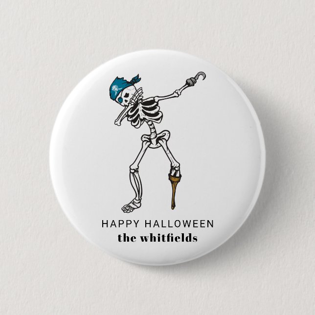 Glad Halloween Skelett Pirat Dabbar Familj Knapp (Framsida)