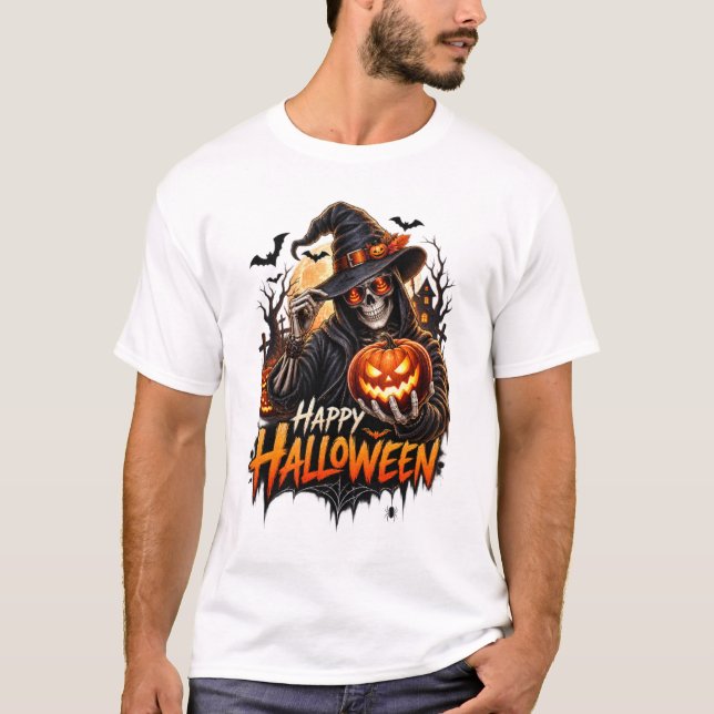 Glad Halloween Skelett Pumpa Present för Män T Shirt (Framsida)
