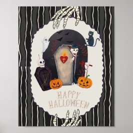 Glad Halloween Skelett & Svart Katt Vintage Design Poster