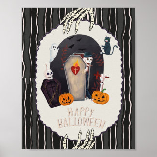 Glad Halloween Skelett & Svart Katt Vintage Design Poster