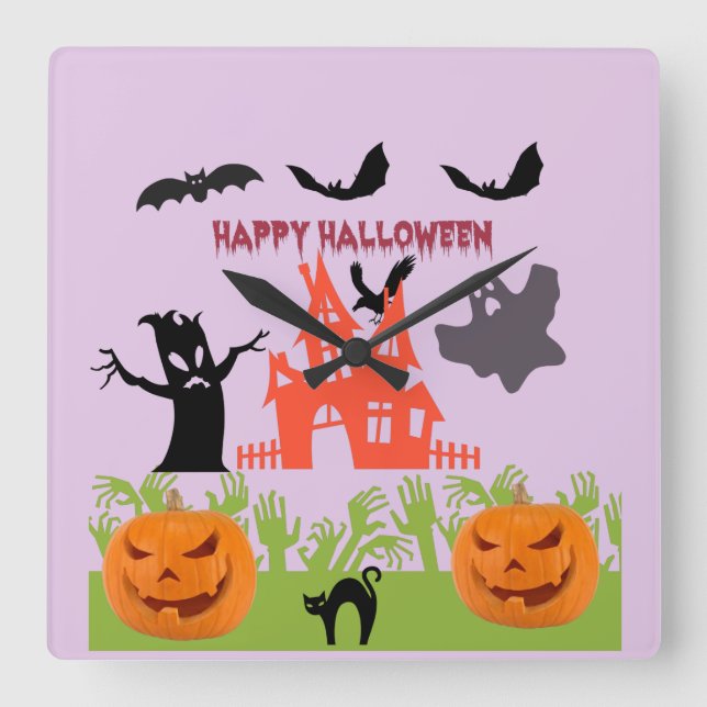 Glad Halloween Skräckinjagande Träd Bark, Fladderm Fyrkantig Klocka (Framsida)