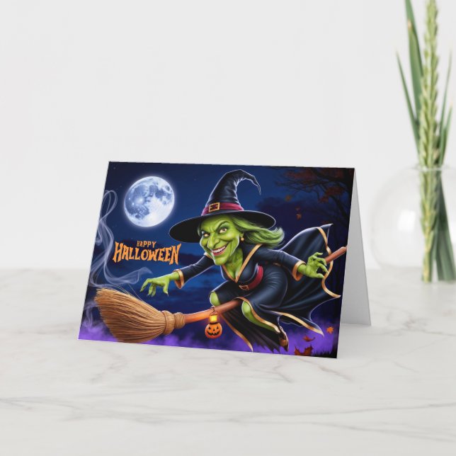 Glad Halloween Skräcklig häxa på kvast  Helgkort (Framsida)
