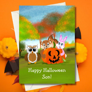 Glad Halloween son chipmunk, kanin & uggla Kort
