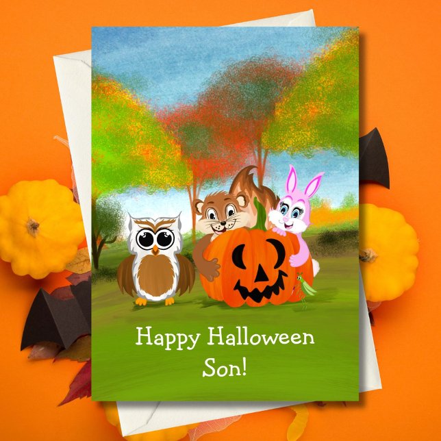 Glad Halloween son chipmunk, kanin & uggla Kort (Skapare uppladdad)