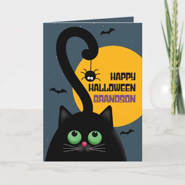 Glad Halloween sonson Svart katt med spindel Helgkort (Framsida)